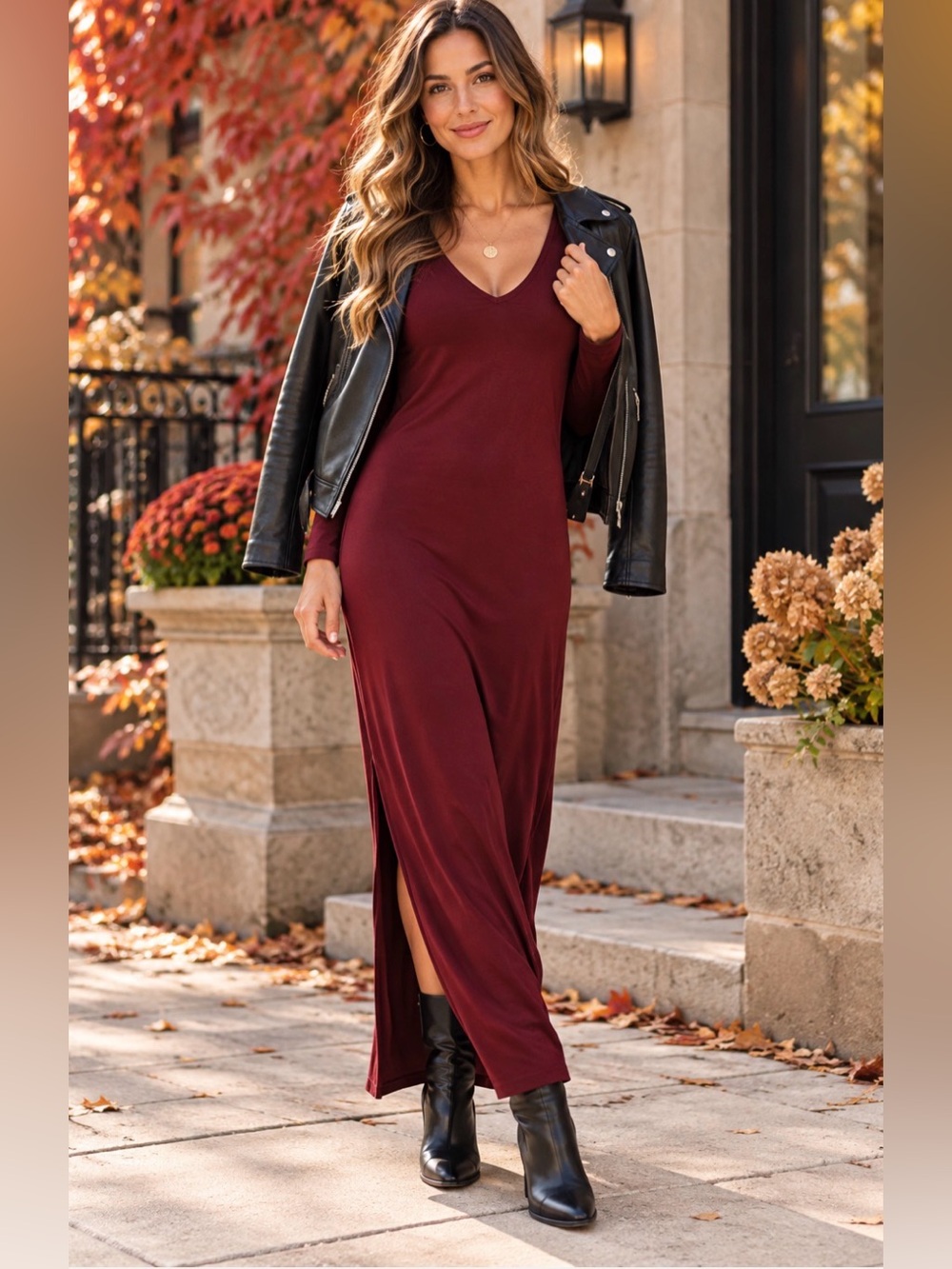 RIPE Burgundy Wine Long Sleeve V-Neck Maxi Dress Size Large